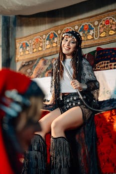 快乐的女人穿着波西米亚风格的服装，坐在装饰有室内的沙发上