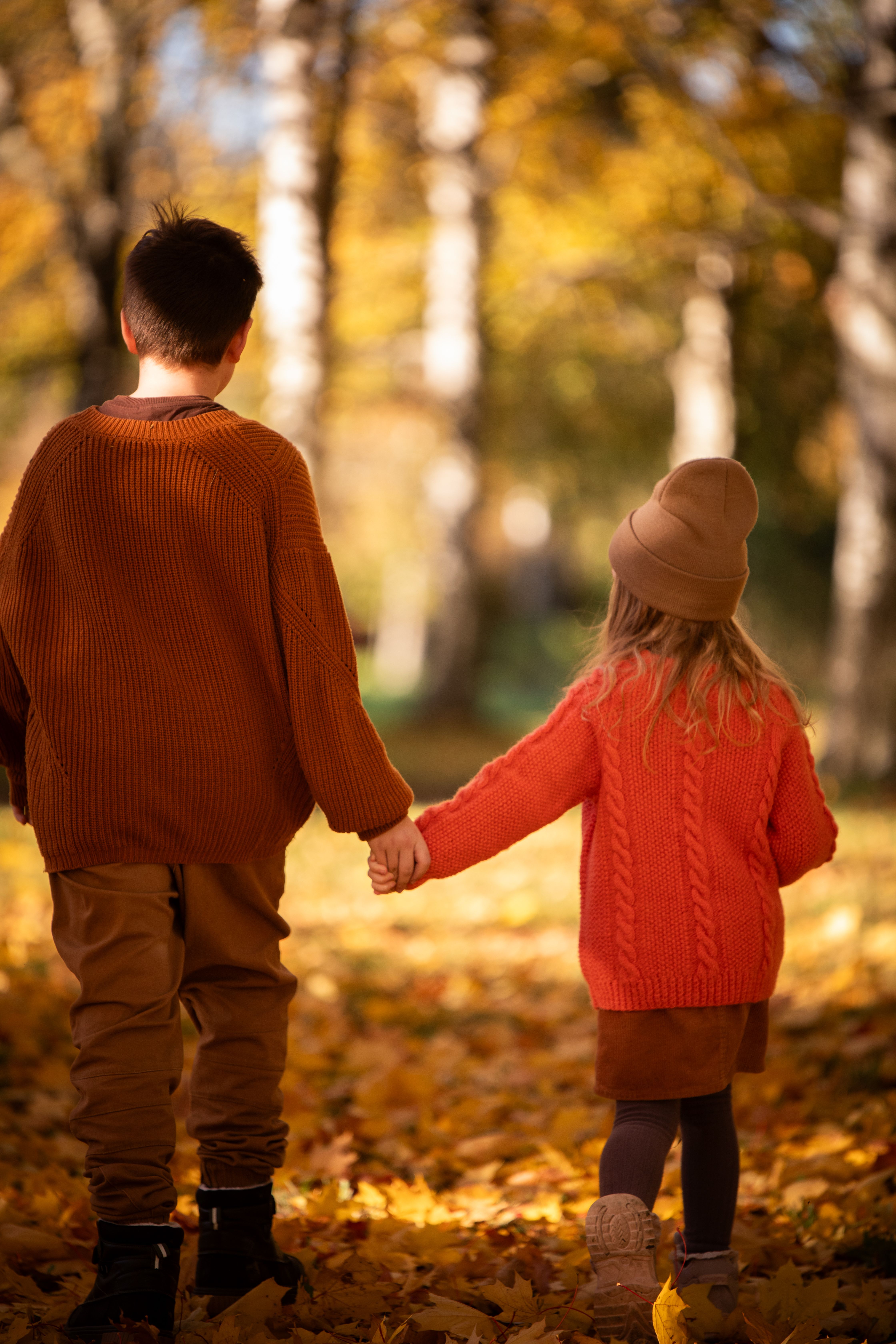 Kids Holding Hands on Autumn Leaf Covered Path · Free Stock Photo