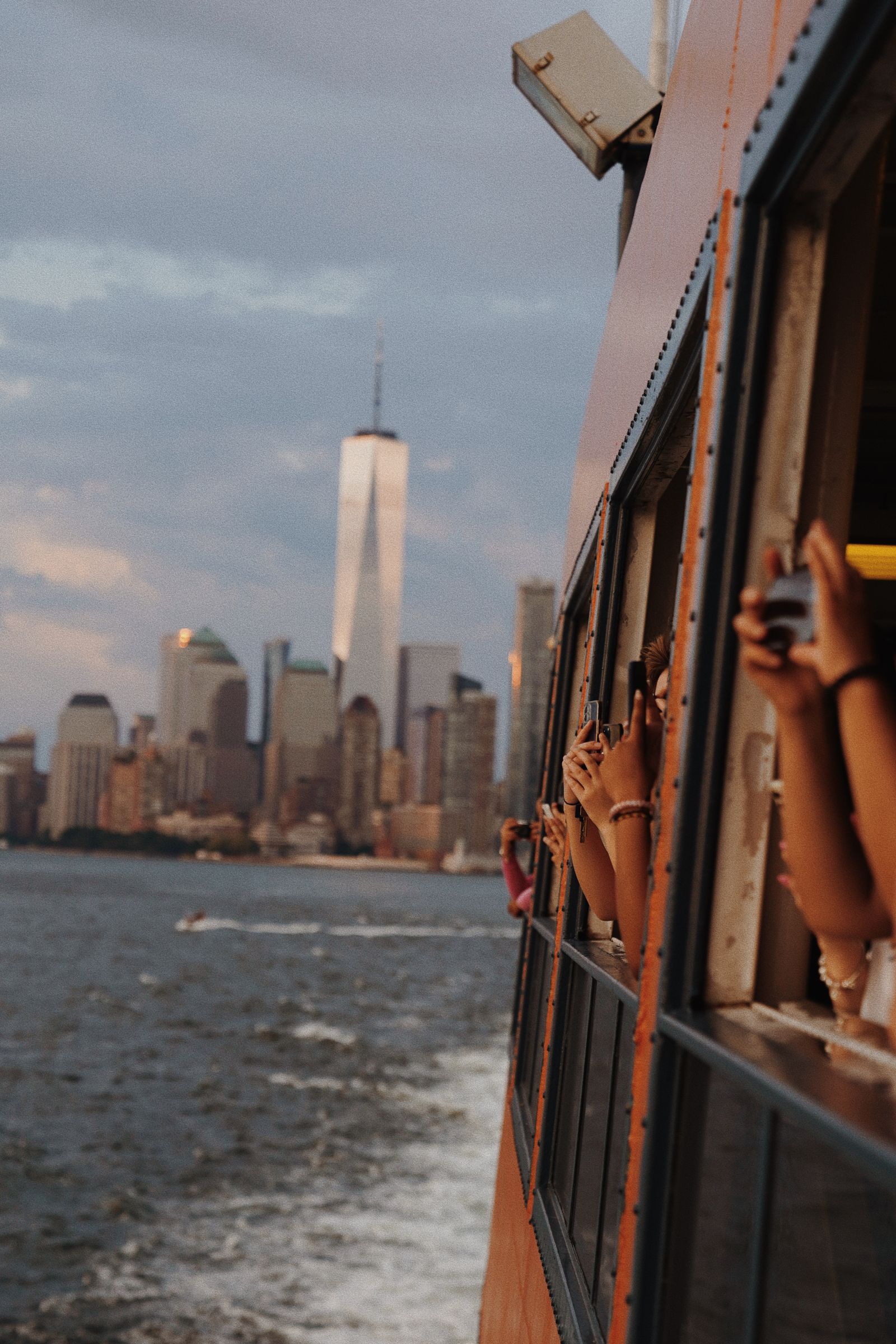 The Manhattan skyline seen from the Staten Island Ferry at sunset