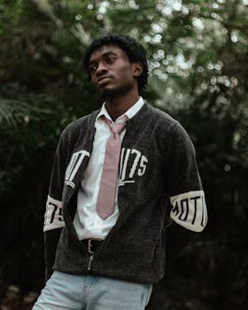 Fashionable young man in casual wear posing confidently in an outdoor, serene setting.