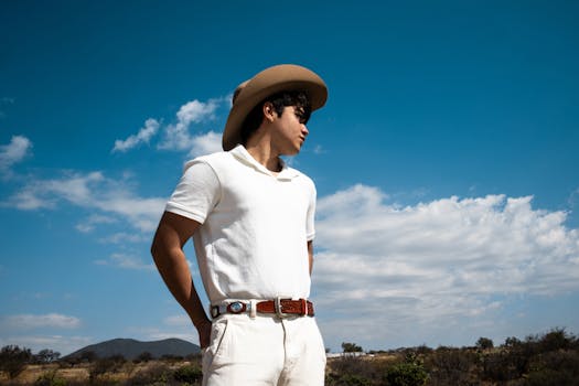 Man in a white shirt and hat stands confidently outdoors, epitomizing style and tranquility under a blue sky.