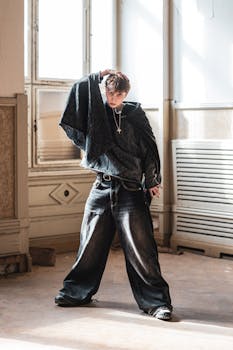 Fashionable young adult posing indoors in wide-leg jeans and oversized top, showcasing modern casual style.