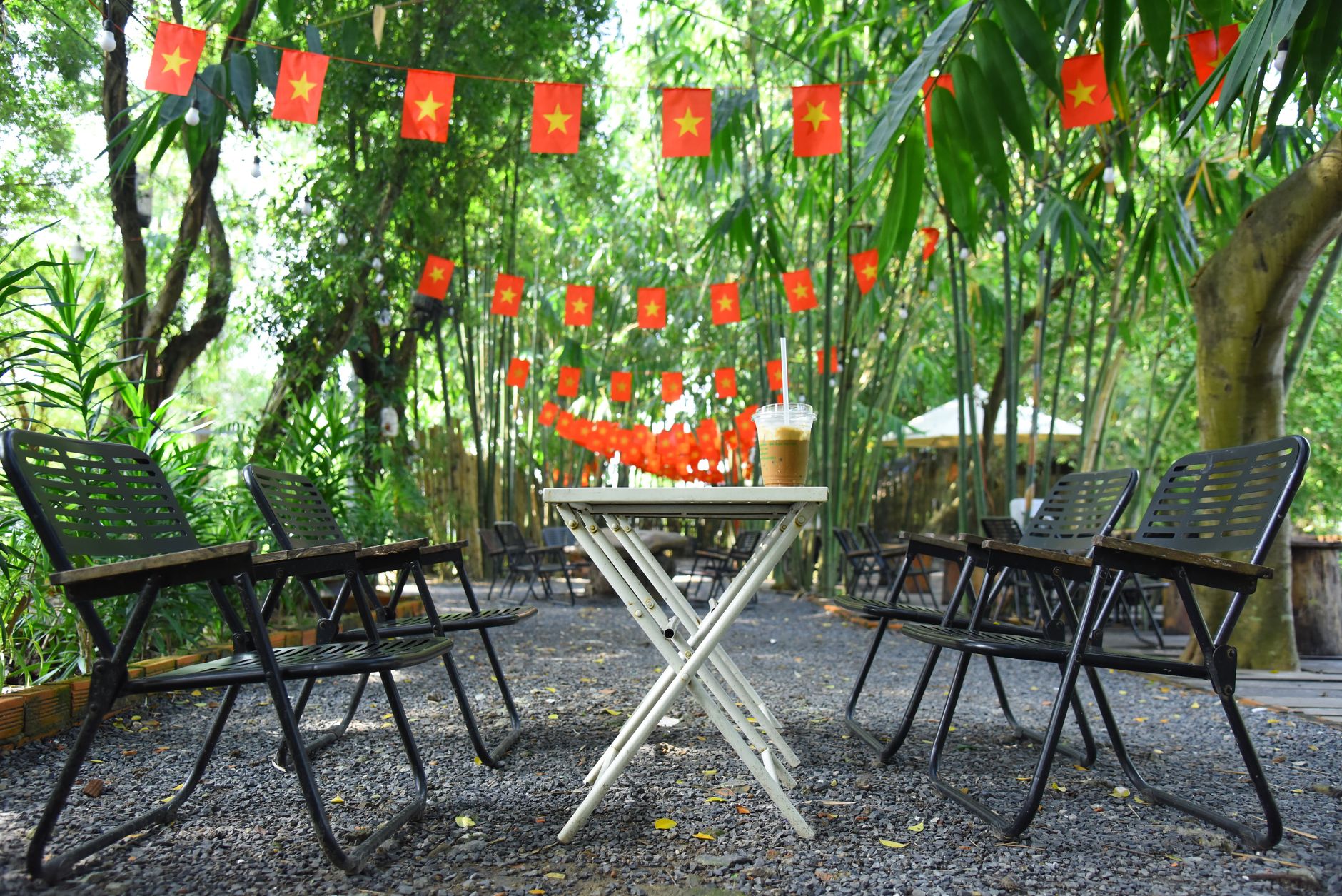 Charming outdoor cafe setting with bamboo, chairs, and Vietnamese flags.