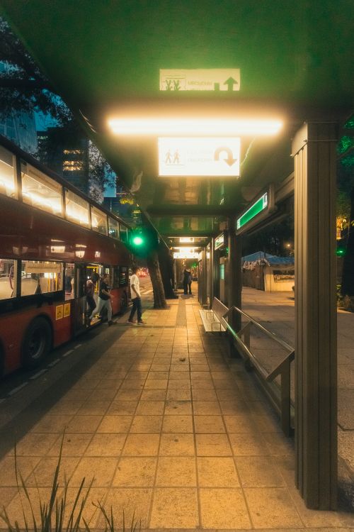 Free A serene evening scene at a bus stop in Mexico City with a double-decker bus. Stock Photo