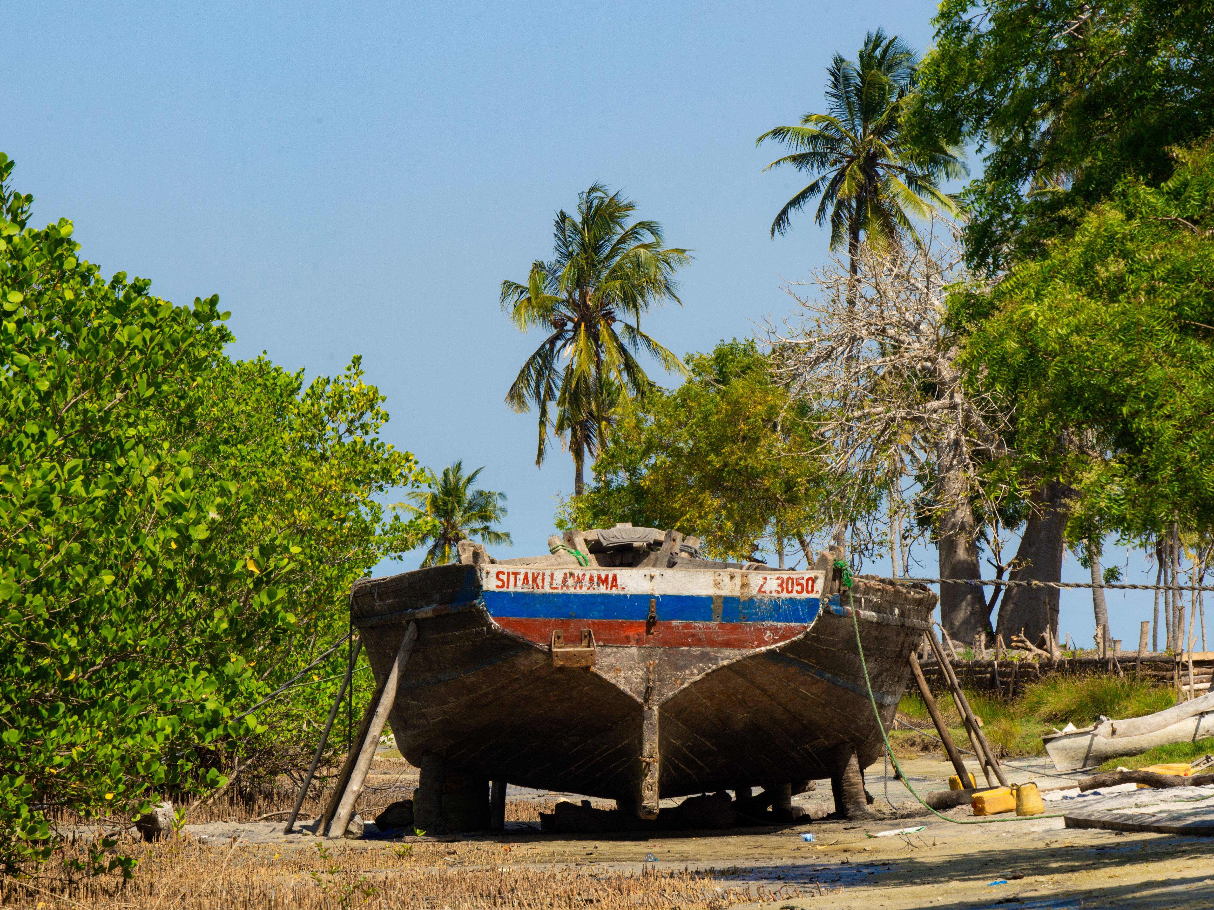 A rustic fishing boat rests on a sandy shore surrounded by palm trees and clear blue skies.