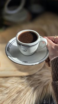 Person holding a cup of espresso with artistic froth in warm ambient light.