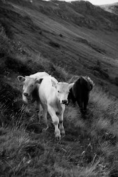Black and white image of cows on a hillside in Auvergne-Rhône-Alpes, France.