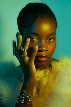 Creative portrait of a woman with bold jewelry in vibrant lighting.