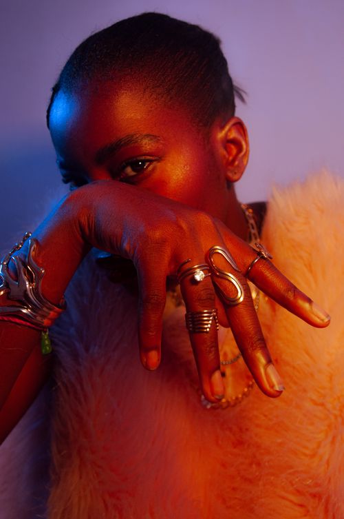 Free Vibrant portrait of a woman with distinctive jewelry in warm, dramatic lighting. Stock Photo