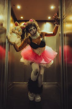 A person in clown makeup and Halloween costume poses in an elevator holding a plush toy.