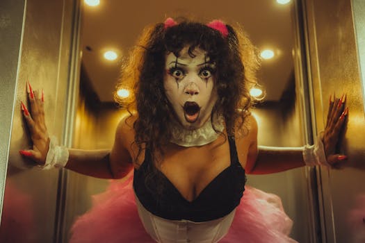 A woman in clown makeup and a pink tutu poses dramatically in an elevator, creating a spooky Halloween vibe.