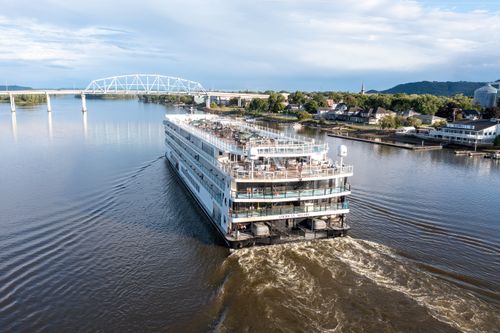 Free Aerial view of a cruise ship sailing on the Mississippi River near Wabasha, Minnesota. Stock Photo