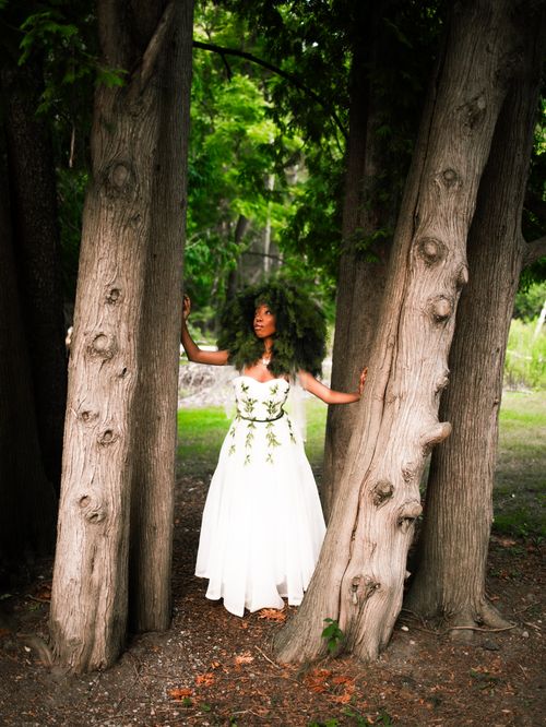 Free Elegant woman in a white dress stands gracefully among tall trees, evoking nature and serenity. Stock Photo