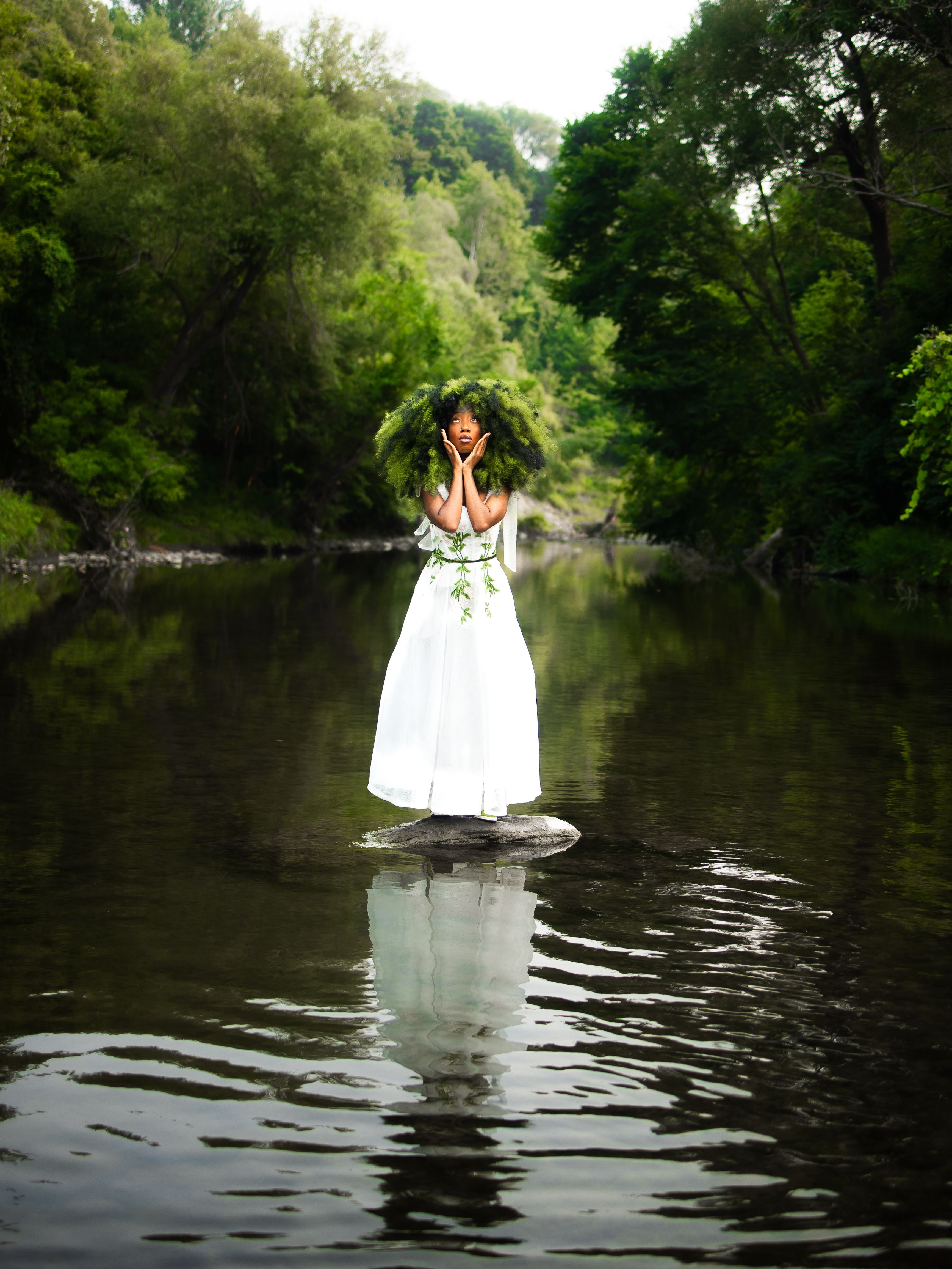 Woman in White Dress Standing on Rock in Tranquil Forest Stream · Free ...