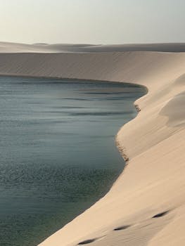 Peaceful view of sand dunes meeting a calm oasis in a desert setting.