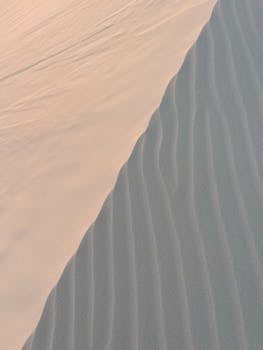 Close-up of wavy sand dune patterns under warm sunlight, creating a natural abstract art.