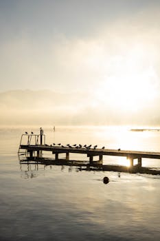 Serene sunrise at Traunsee Lake with a silhouetted pier and gentle mist. Tranquil Austrian morning scene.