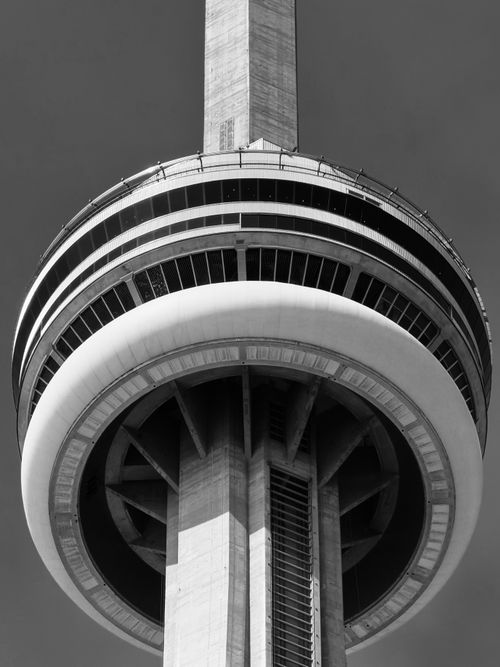 Free Artistic black and white close-up of the iconic CN Tower in Toronto, Ontario, Canada. Stock Photo