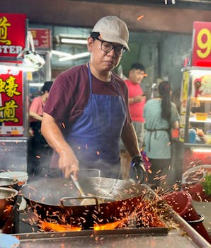 A street food vendor cooking at a vibrant night market in Penang, Malaysia.