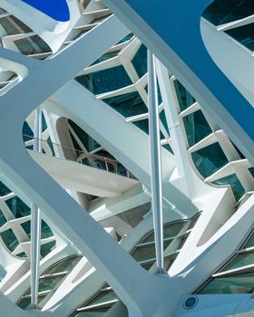 Dynamic view of modern architecture with geometric patterns in Valencia, Spain.