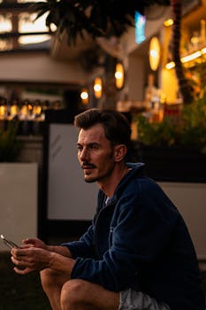 A man seated outdoors at a bar as evening approaches, holding a phone.