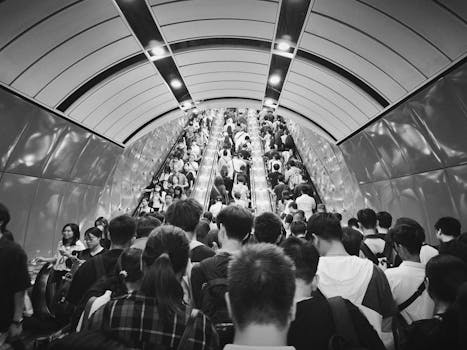 A crowded subway escalator filled with commuters captured in a classic black and white style.
