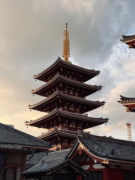 Stunning view of the Asakusa pagoda during sunset highlighting traditional Japanese architecture.