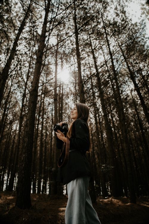 Free Woman photographer in sunlit forest capturing nature with camera. Stock Photo