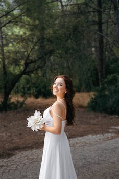 Elegant bride in white dress holding flowers in a serene Antalya forest setting.