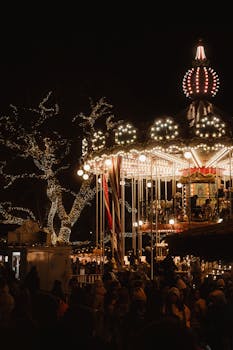 Enjoy the vibrant holiday atmosphere at a carousel in Vienna, Austria, lit up against the night sky.