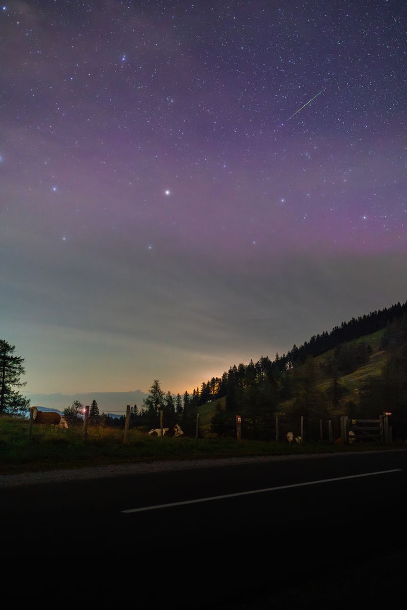 A mesmerizing view of the starry night sky over Teichalm, Austria, with a meteor streaking across.