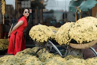 一位时尚女士推着一辆装饰着黄色花朵的自行车，正在摆姿势