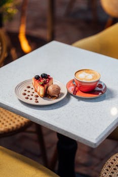 Stylish cafe table with a slice of cake and cappuccino, perfect for dessert lovers.