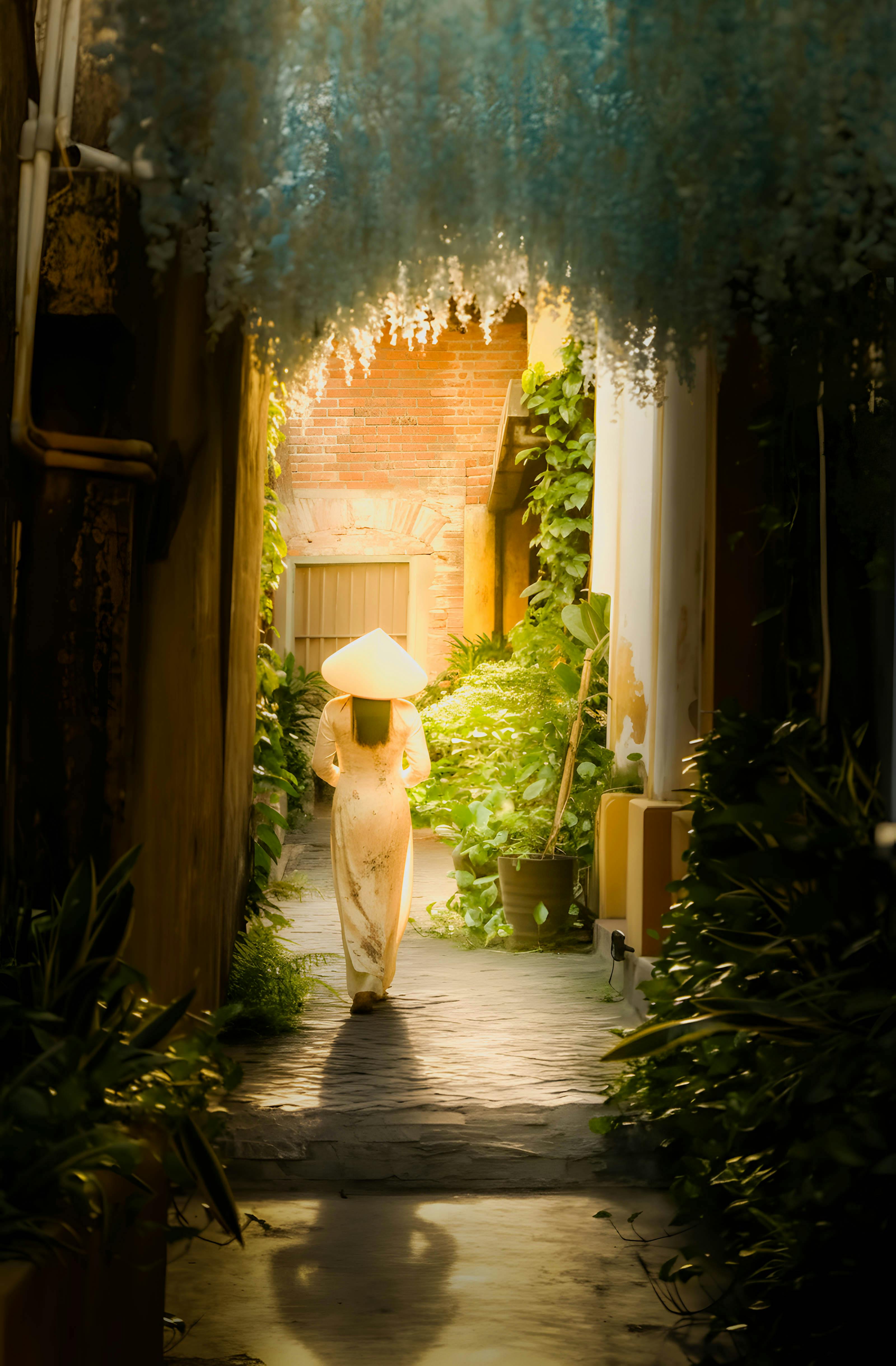 A woman in traditional Vietnamese dress walks through a sunlit alley in Hội An.