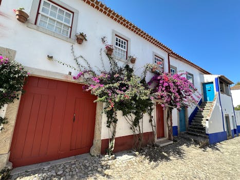 Picturesque street in Óbidos, Portugal with colorful bougainvillea and rustic architecture.