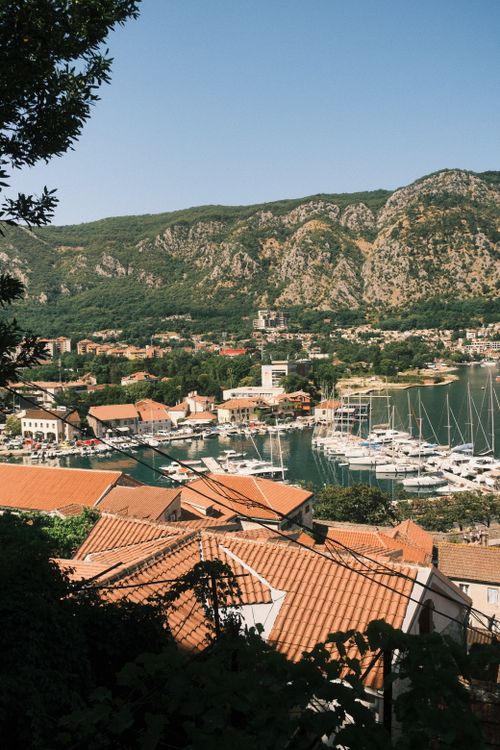 Free A breathtaking view of the Bay of Kotor with its marina and surrounding mountains in Montenegro. Stock Photo