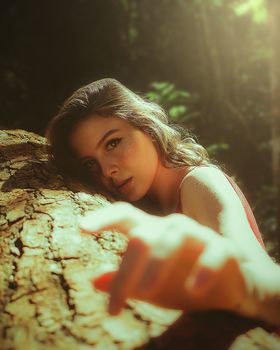 一位美丽的女人自信地站在阳光明媚的森林里，倚着一棵树摆姿势