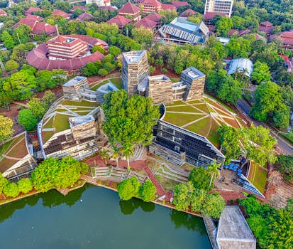 Aerial shot showcasing unique architectural design surrounded by lush greenery in West Java, Indonesia.