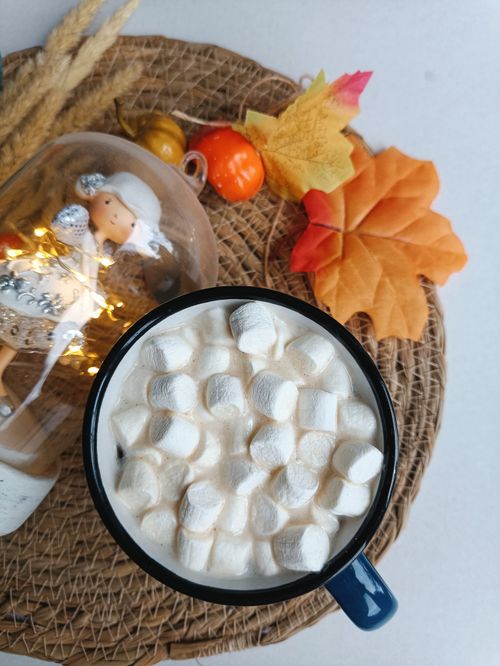 Free A warm drink topped with marshmallows, surrounded by autumn decor emphasizing coziness. Stock Photo