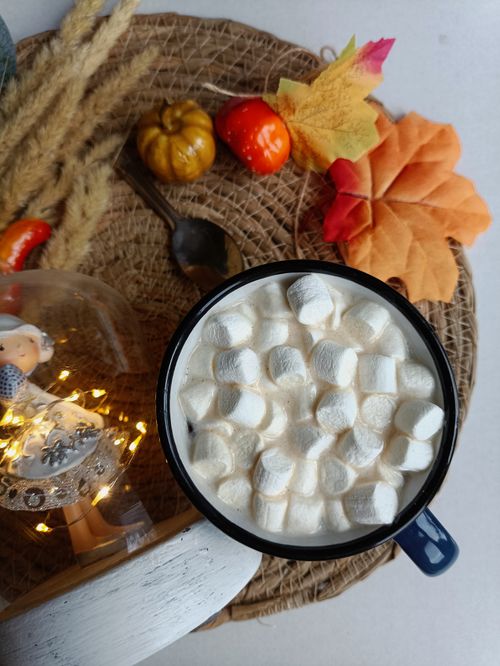Free Delightful hot chocolate topped with marshmallows, set on an autumn-themed table. Stock Photo