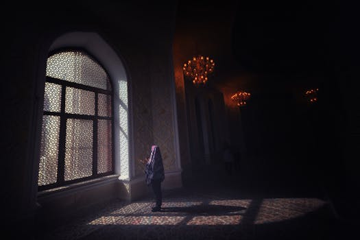 A person in prayer stands in a sunlit mosque, casting dramatic shadows indoors.