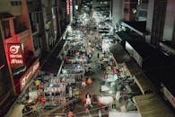 从空中俯瞰，大叻夜市充满活力，摊位热闹，街头生活丰富