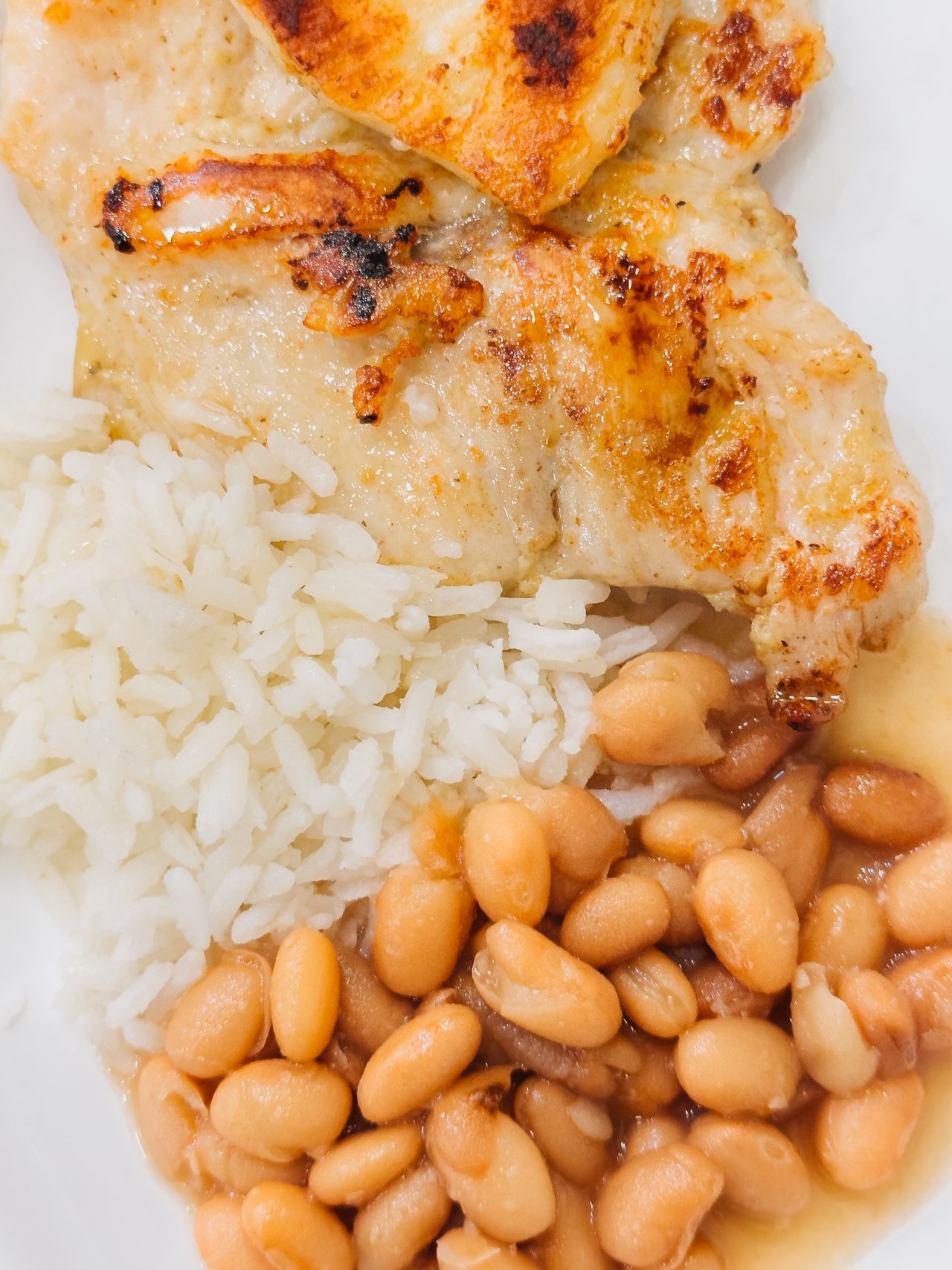 Grilled Cuban-style chicken served with rice and black beans on a plate