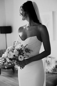 Black and white portrait of a bride in a strapless gown holding a bouquet.