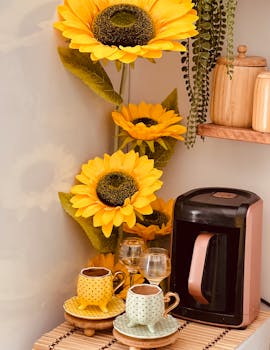 Cozy coffee nook with vibrant sunflowers and polka dot mugs.