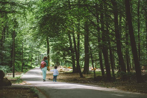 Woman Wearing Green Shirt and Red Bag Holding Children Wearing White Long Sleeve Shirt Walking