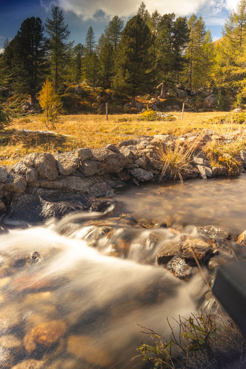 Tranquil autumn scene of a stream flowing through Poschiavo, Grisons, Switzerland, under bright daylight.