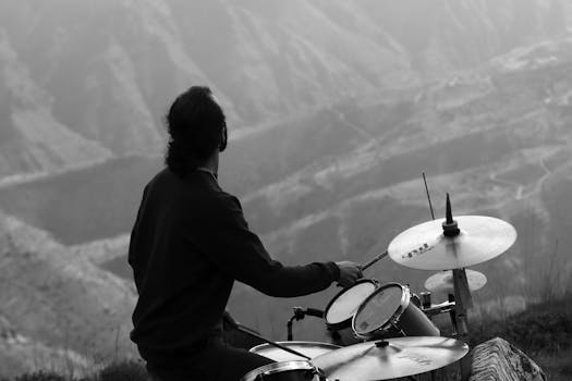 Black and white image of a drummer playing outdoors in Qazvin Mountains, Iran.