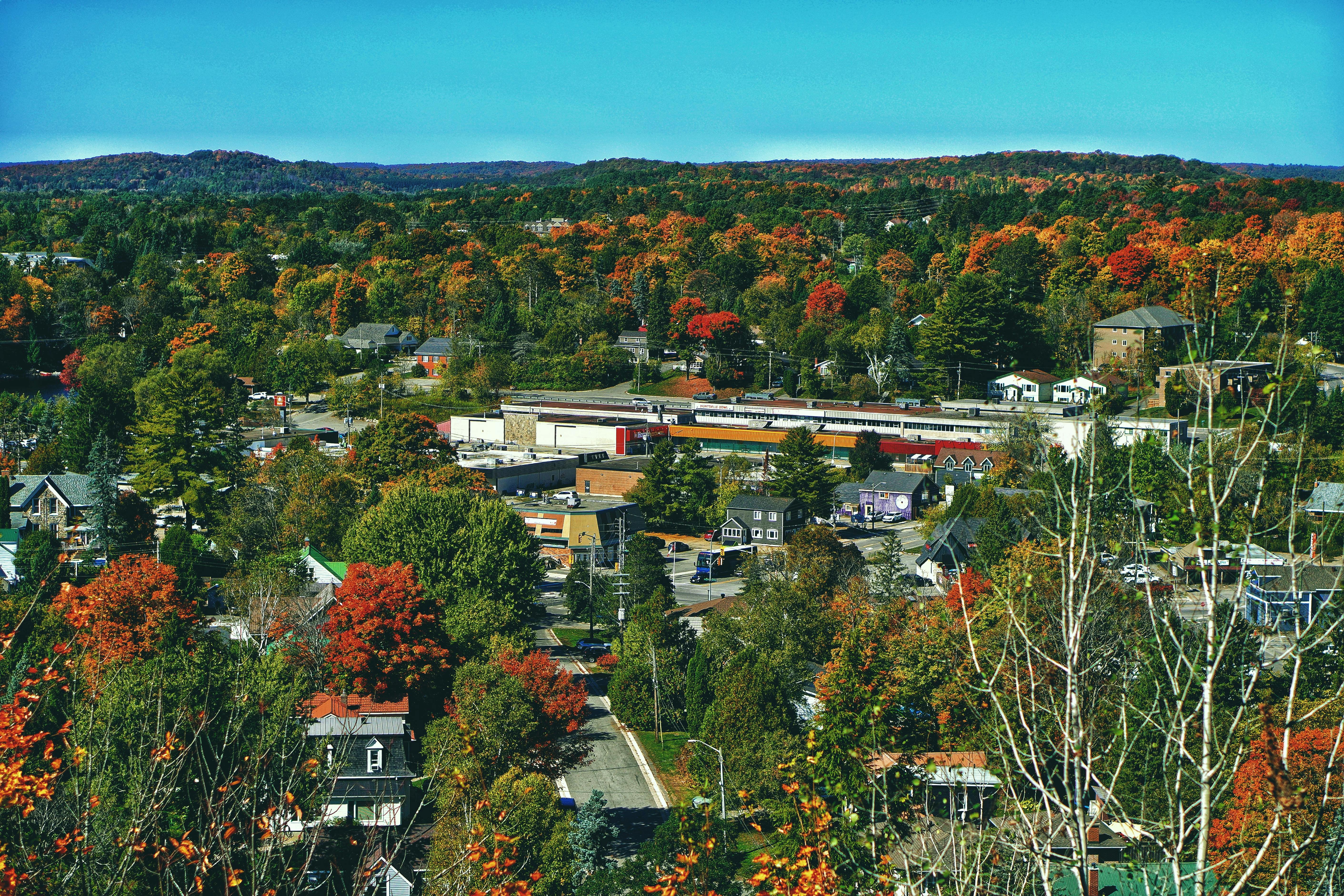 Aerial view of a village nestled in vibrant autumn foliage with distant hills.