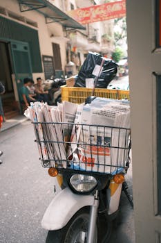 A scooter packed with newspapers and parcels on a bustling Jakarta street.